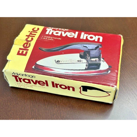 Advantage 2319E Electric Travel Iron Vintage Folding Handle 8' Cord, Box, Works! - Picture 2 of 16